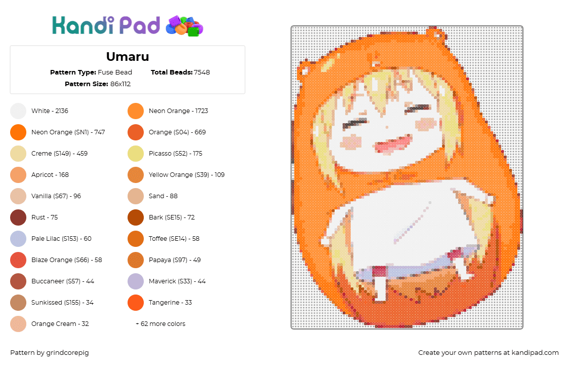 Umaru - Fuse Bead Pattern by grindcorepig on Kandi Pad - umaru doma,himouto umaru-chan,character,manga,orange,white