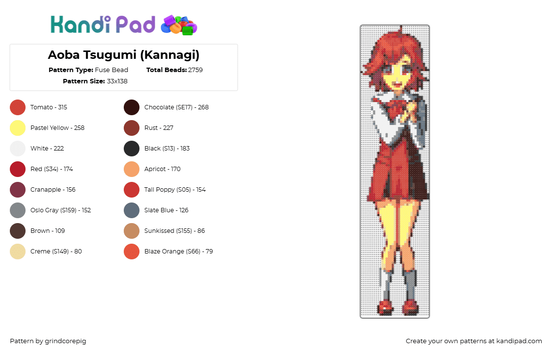 Aoba Tsugumi (Kannagi) - Fuse Bead Pattern by grindcorepig on Kandi Pad - tsugumi aoba,kannagi,character,manga,red,yellow