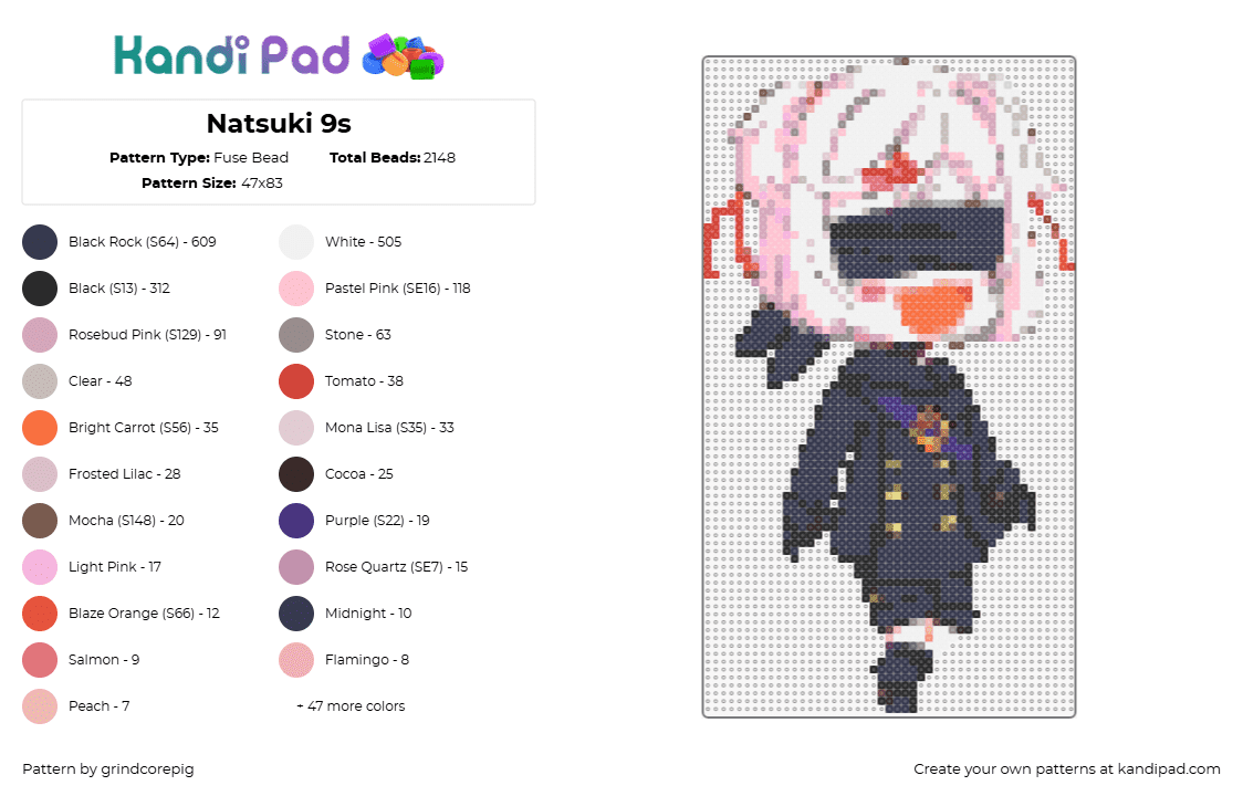 Natsuki 9s - Fuse Bead Pattern by grindcorepig on Kandi Pad - 9s,nier automata,character,blindfold,video game,chibi,pink,black