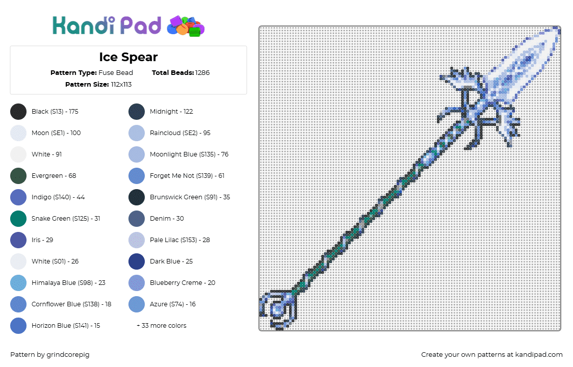 Ice Spear - Fuse Bead Pattern by grindcorepig on Kandi Pad - spear,ice,winter,weapon,elden ring,fantasy,light blue