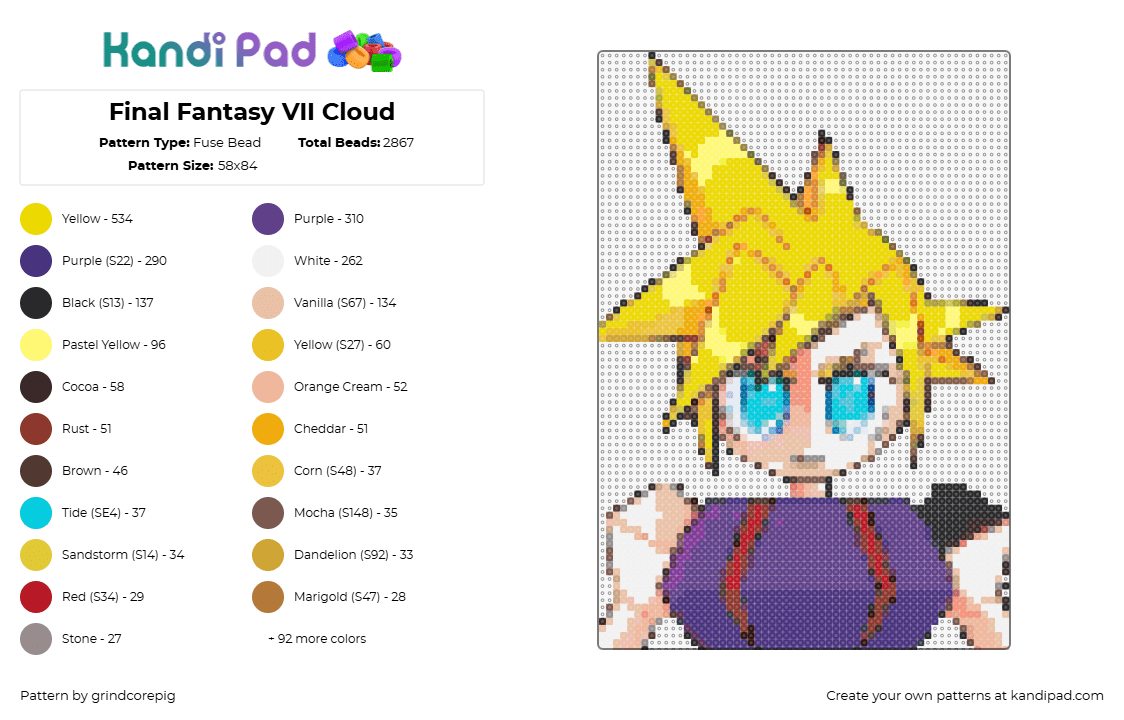 Final Fantasy VII Cloud - Fuse Bead Pattern by grindcorepig on Kandi Pad - cloud,final fantasy,geometric,video game,character,blonde,yellow,purple