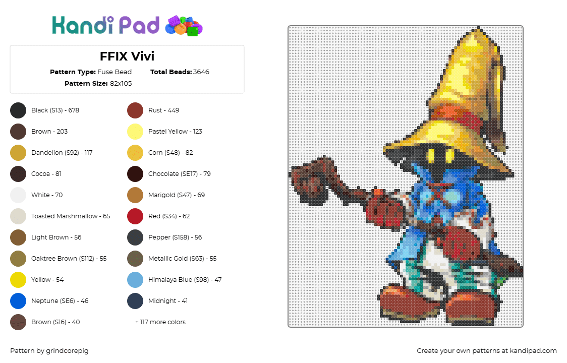 FFIX Vivi - Fuse Bead Pattern by grindcorepig on Kandi Pad - vivi ornitier,black mage,final fantasy,character,video game,staff,hat,yellow,blue,red