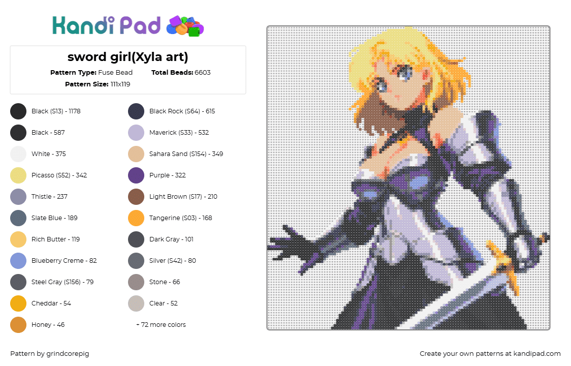 sword girl(Xyla art) - Fuse Bead Pattern by grindcorepig on Kandi Pad - armor,sword,girl,anime,purple,yellow