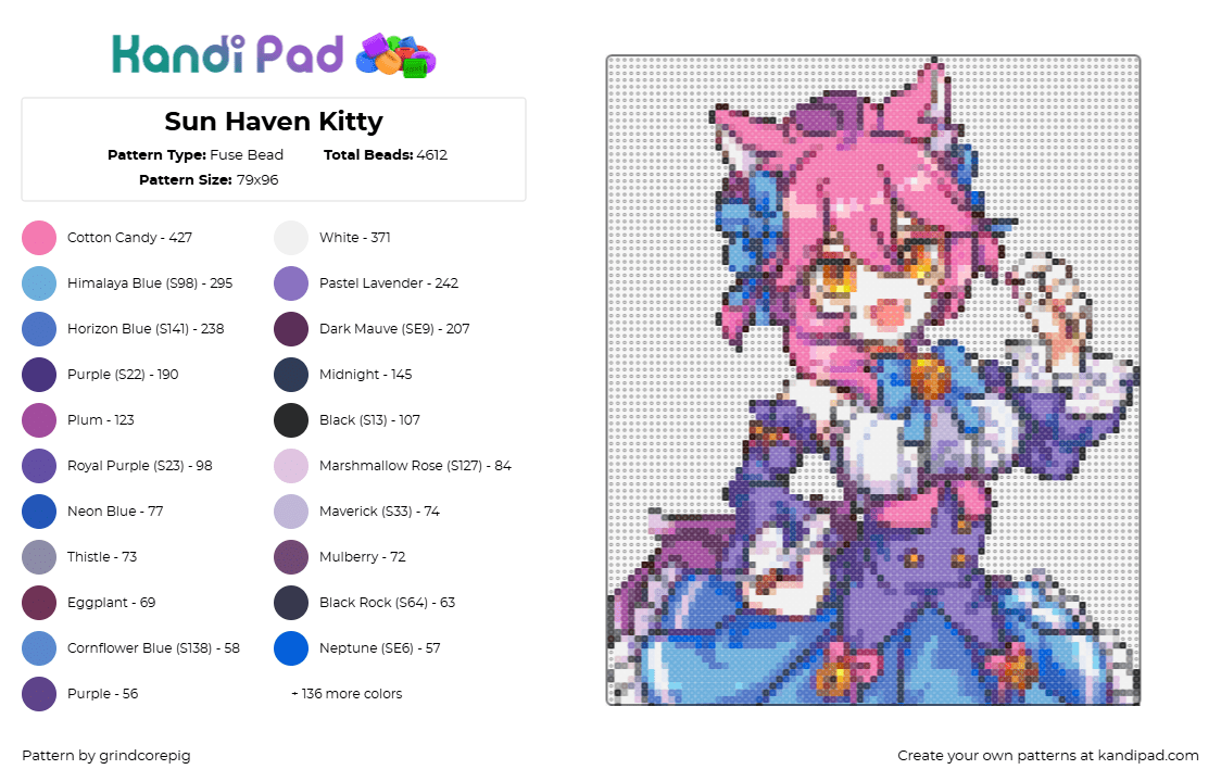 Sun Haven Kitty - Fuse Bead Pattern by grindcorepig on Kandi Pad - kitty,sun haven,character,video game,pink,purple,blue