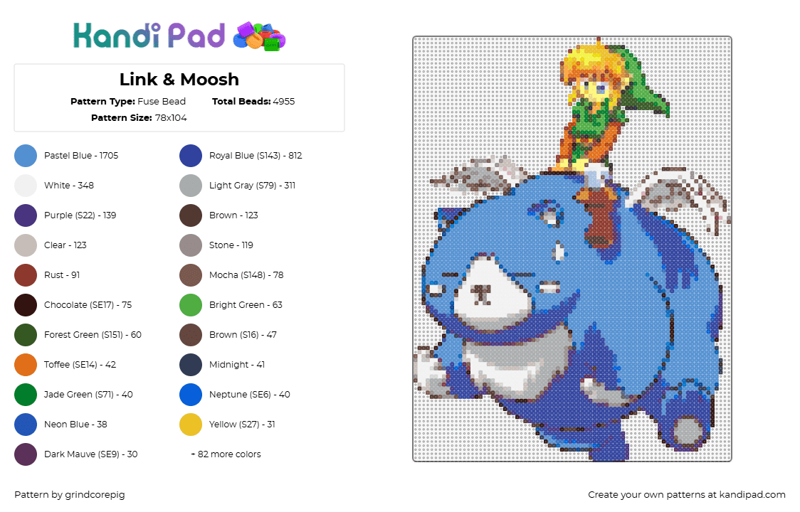 Link & Moosh - Fuse Bead Pattern by grindcorepig on Kandi Pad - moosh,lionk,legend of zelda,video game,blue,green