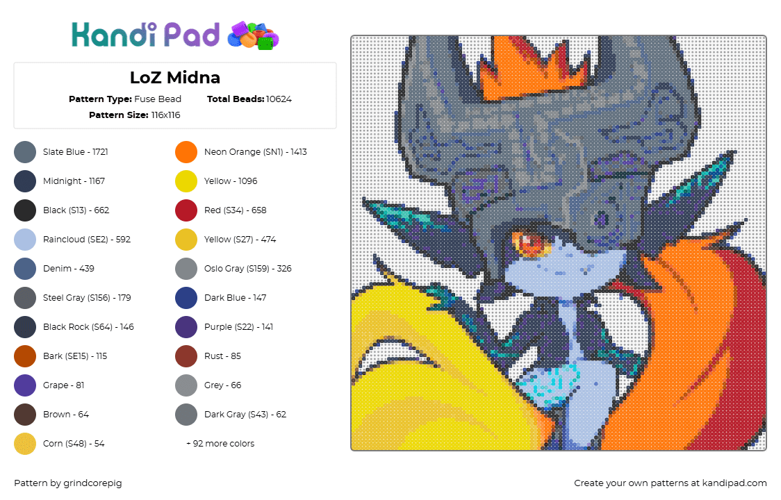 LoZ Midna - Fuse Bead Pattern by grindcorepig on Kandi Pad - midna,legend of zelda,character,video game,gray,orange,yellow