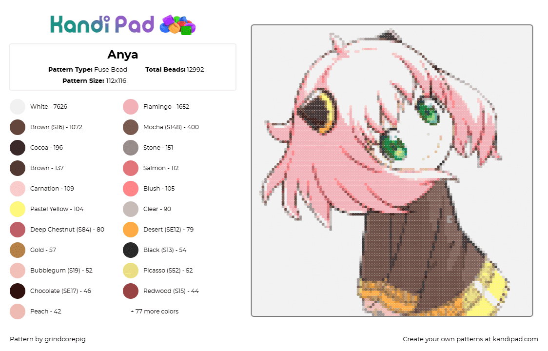 Anya - Fuse Bead Pattern by grindcorepig on Kandi Pad - anya forger,spy x family,character,anime,tv show,pink,brown