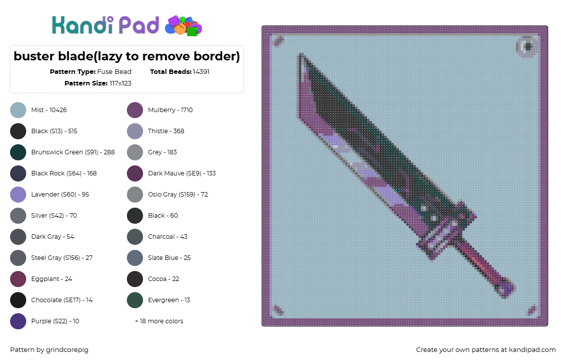 buster blade(lazy to remove border) - Fuse Bead Pattern by grindcorepig on Kandi Pad - buster sword,final fantasy,weapon,video game,purple,teal