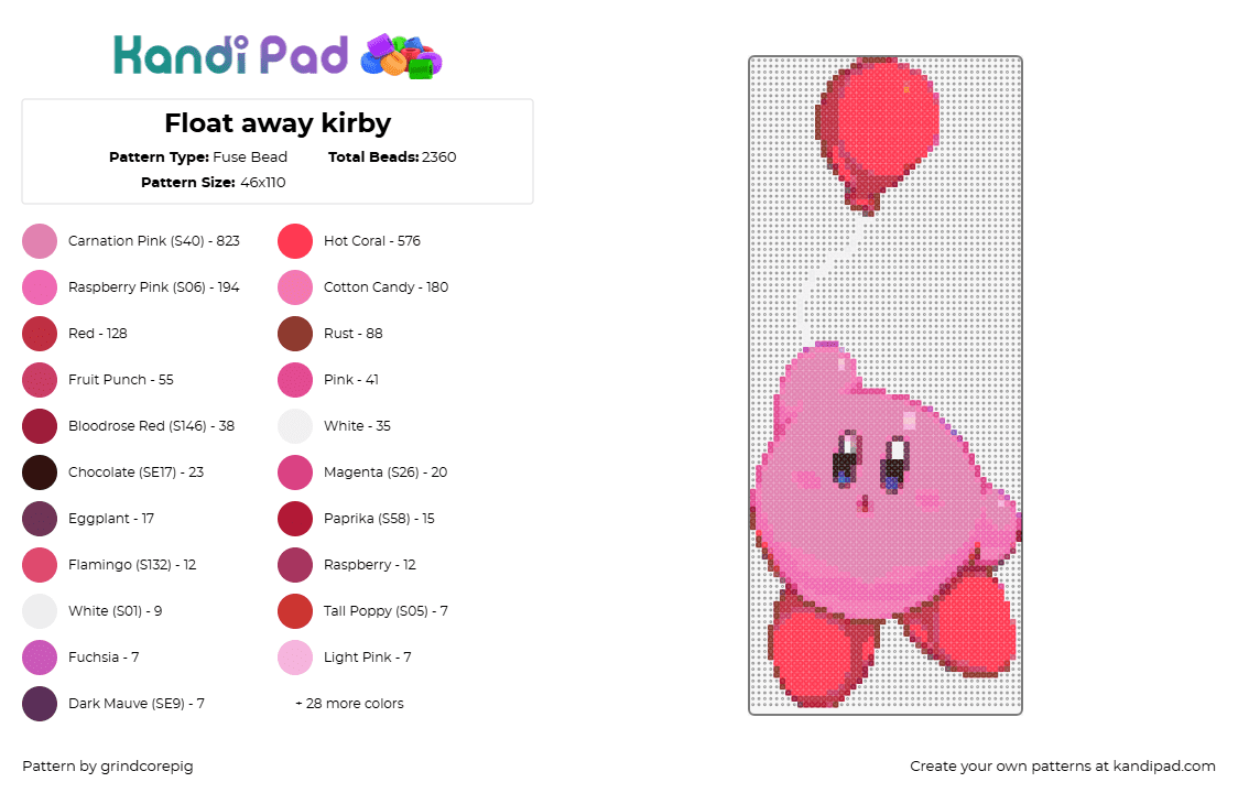 Float away kirby - Fuse Bead Pattern by grindcorepig on Kandi Pad - kirby,balloon,nintendo,cute,character,video game,float,pink