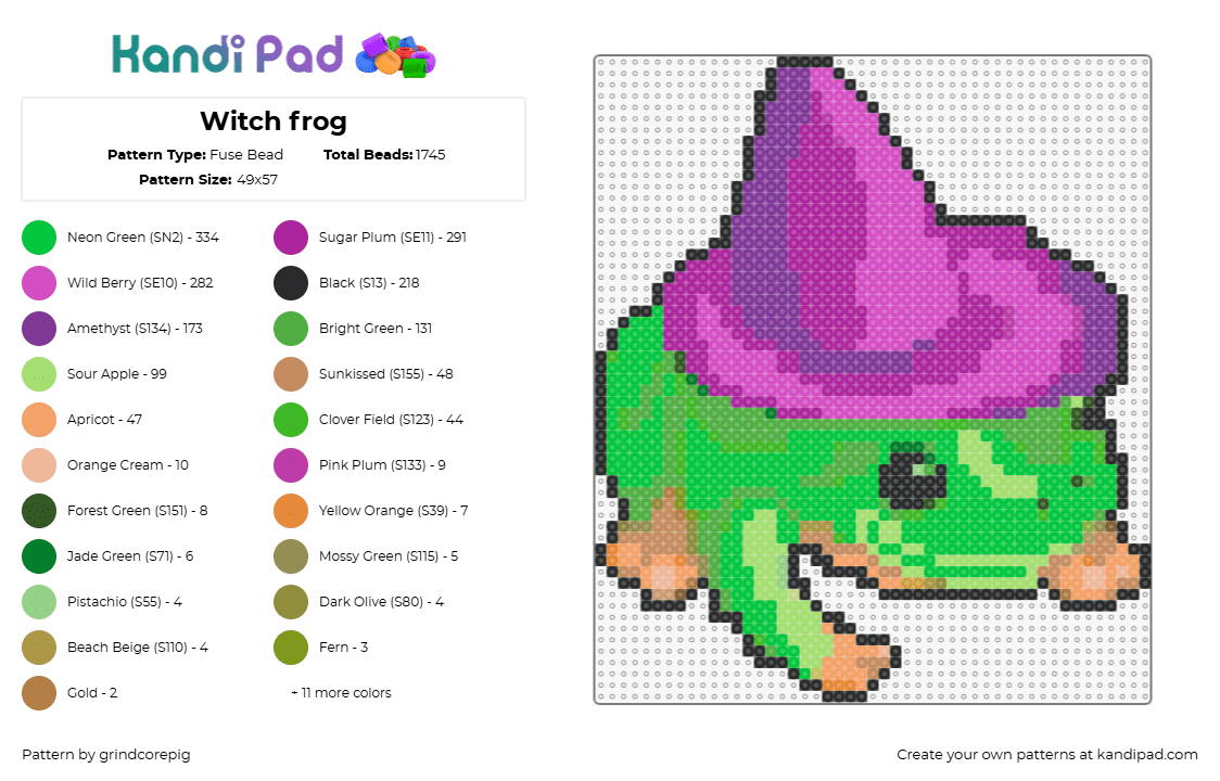 Witch frog - Fuse Bead Pattern by grindcorepig on Kandi Pad - forg,witch,hat,amphibian,animal,costume,halloween,cute,purple,green