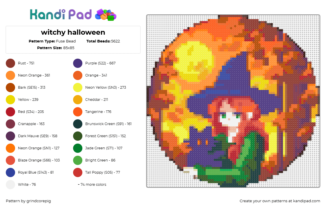 witchy halloween - Fuse Bead Pattern by grindcorepig on Kandi Pad - witch,autumn,fall,halloween,cat,moon,spooky,orange,purple,green