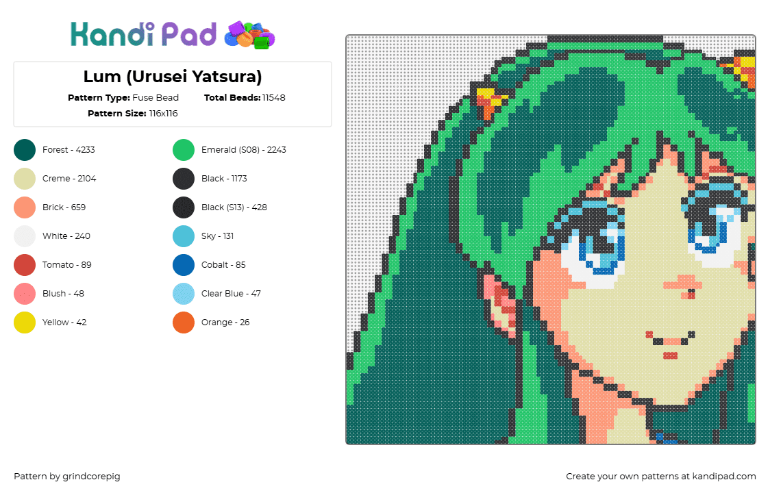 Lum (Urusei Yatsura) - Fuse Bead Pattern by grindcorepig on Kandi Pad - lum,urusei yatsura,portrait,manga,green,tan