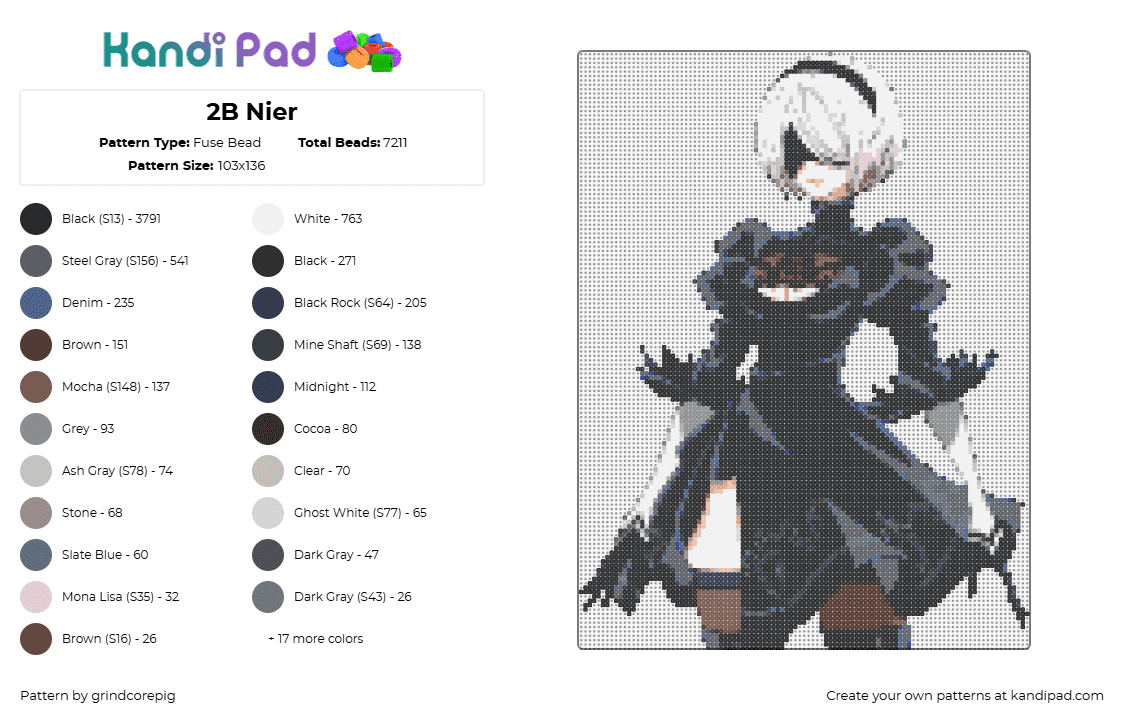 2B Nier - Fuse Bead Pattern by grindcorepig on Kandi Pad - 2b,nier automata,character,video game,black