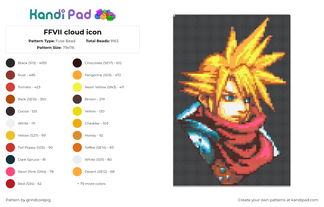 FFVII cloud icon - Fuse Bead Pattern by grindcorepig on Kandi Pad - cloud,final fantasy,portrait,video game,panel,blonde,yellow,red,black