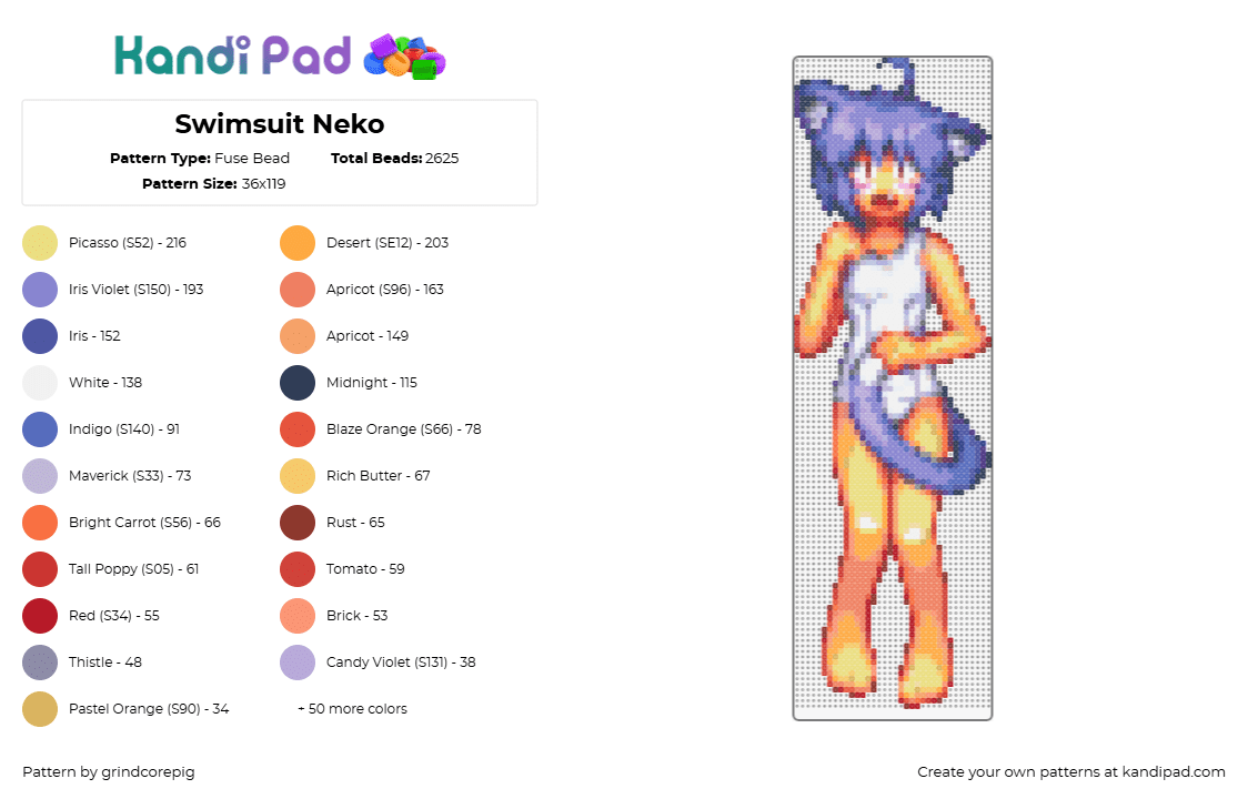 Swimsuit Neko - Fuse Bead Pattern by grindcorepig on Kandi Pad - neko,cat girl,anime,character,clothing,purple,blue,tan