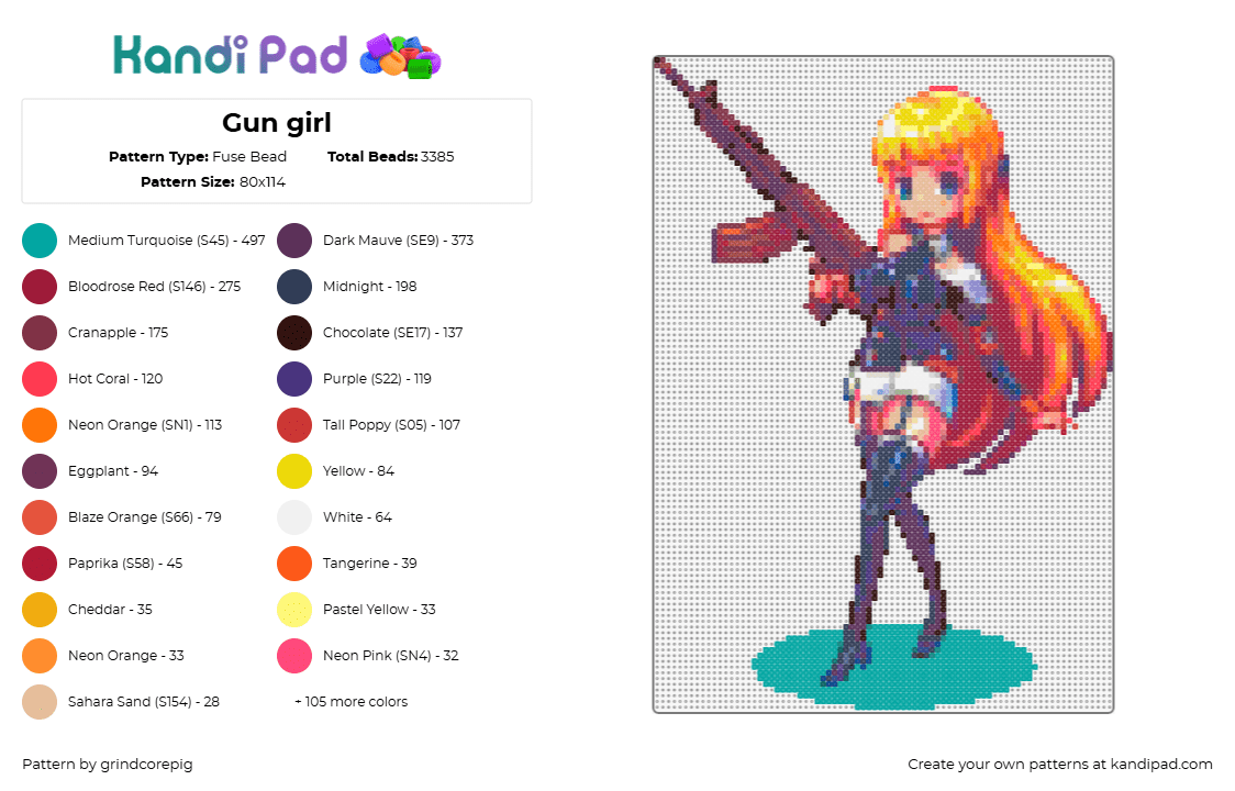 Gun girl - Fuse Bead Pattern by grindcorepig on Kandi Pad - gun,anime,girl,weapon,orange