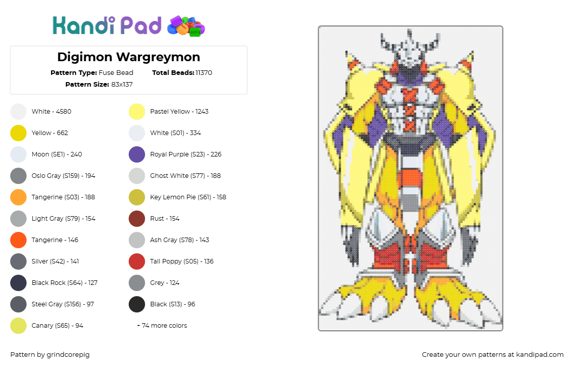 Digimon Wargreymon - Fuse Bead Pattern by grindcorepig on Kandi Pad - wargreymon,digimon,character,gaming,yellow