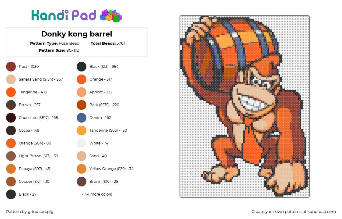 Donky kong barrel - Fuse Bead Pattern by grindcorepig on Kandi Pad - donkey kong,barrel,gorilla,monkey,character,nintendo,tie,smile,orange,tan