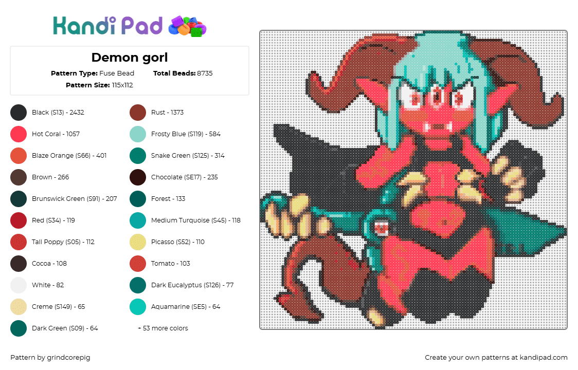 Demon gorl - Fuse Bead Pattern by grindcorepig on Kandi Pad - demon,horned,eyes,character,red,teal