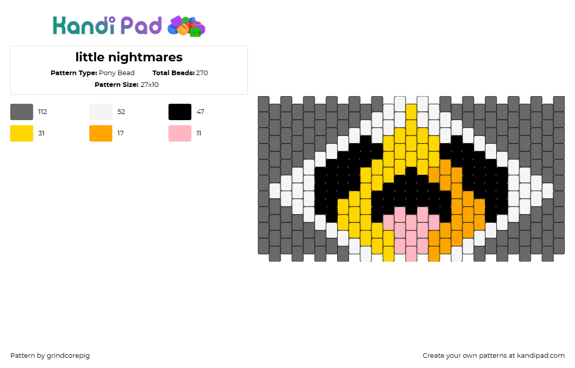 little nightmares - Pony Bead Pattern by grindcorepig on Kandi Pad - six,little nightmares,video game,horror,cuff,yellow,gray