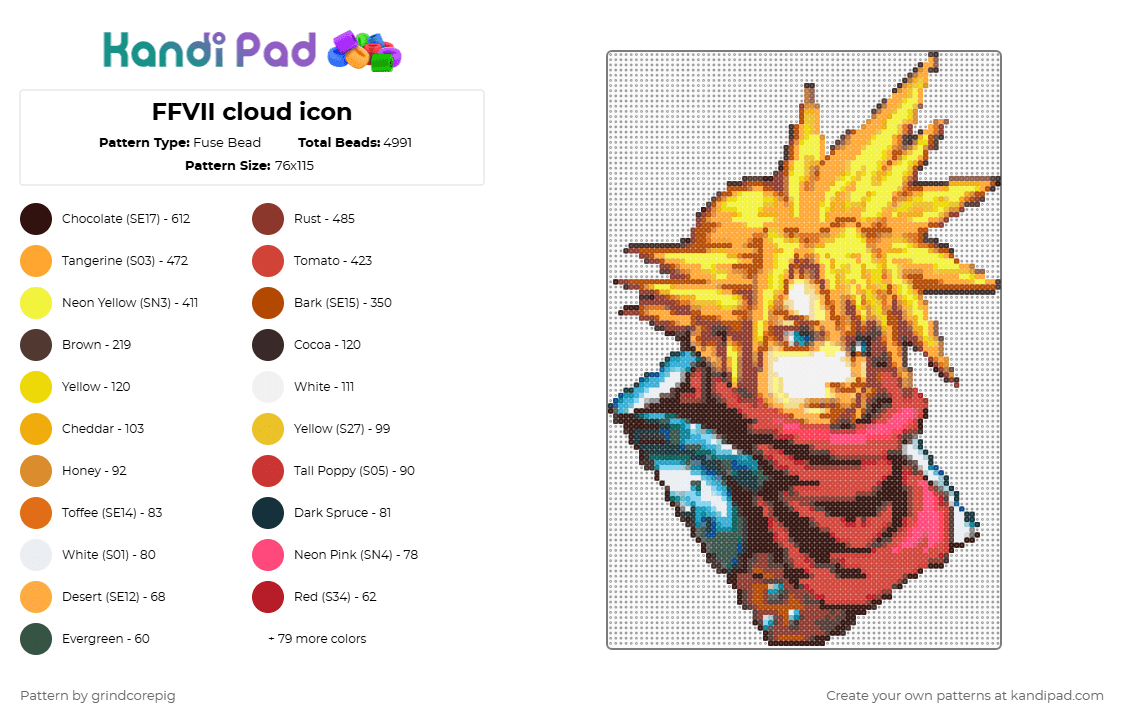 FFVII cloud icon - Fuse Bead Pattern by grindcorepig on Kandi Pad - cloud,final fantasy,brown,orange,yellow,red