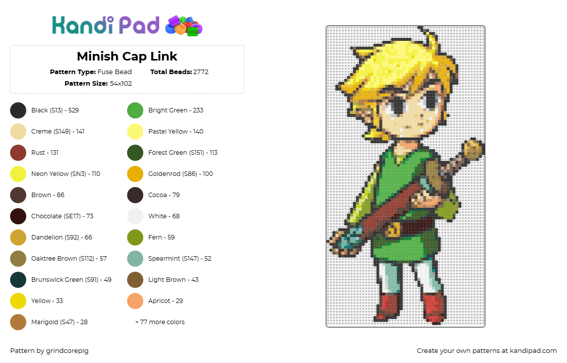 Minish Cap Link - Fuse Bead Pattern by grindcorepig on Kandi Pad - link,legend of zelda,character,video game,sword,blonde,green,yellow,brown