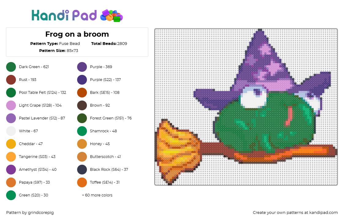 Frog on a broom - Fuse Bead Pattern by grindcorepig on Kandi Pad - forg,witch,broom,hat,amphibian,animal,costume,halloween,cute,purple,green,orange