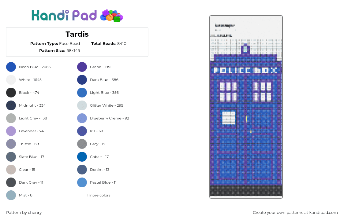 Tardis - Fuse Bead Pattern by chenry on Kandi Pad - tardis,doctor who,phone booth,tv show,mystery,time travel,blue