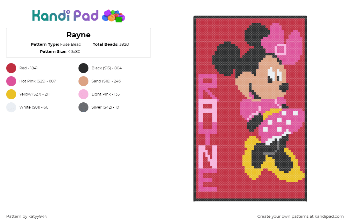 Rayne - Fuse Bead Pattern by katyy944 on Kandi Pad - minnie mouse,panel,name,text,disney,cute,red,pink,black