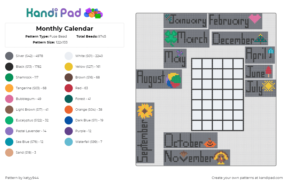 Monthly Calendar - Fuse Bead Pattern by katyy944 on Kandi Pad - calendar,text,colorful,gray,white