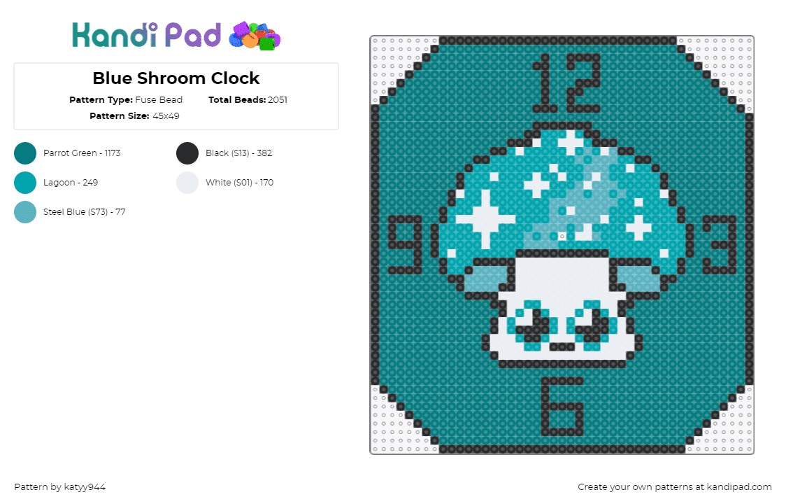 Blue Shroom Clock - Fuse Bead Pattern by katyy944 on Kandi Pad - clock,mushroom,time,sparkles,face,teal