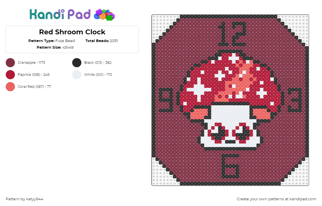 Red Shroom Clock - Fuse Bead Pattern by katyy944 on Kandi Pad - clock,mushroom,time,sparkles,face,red