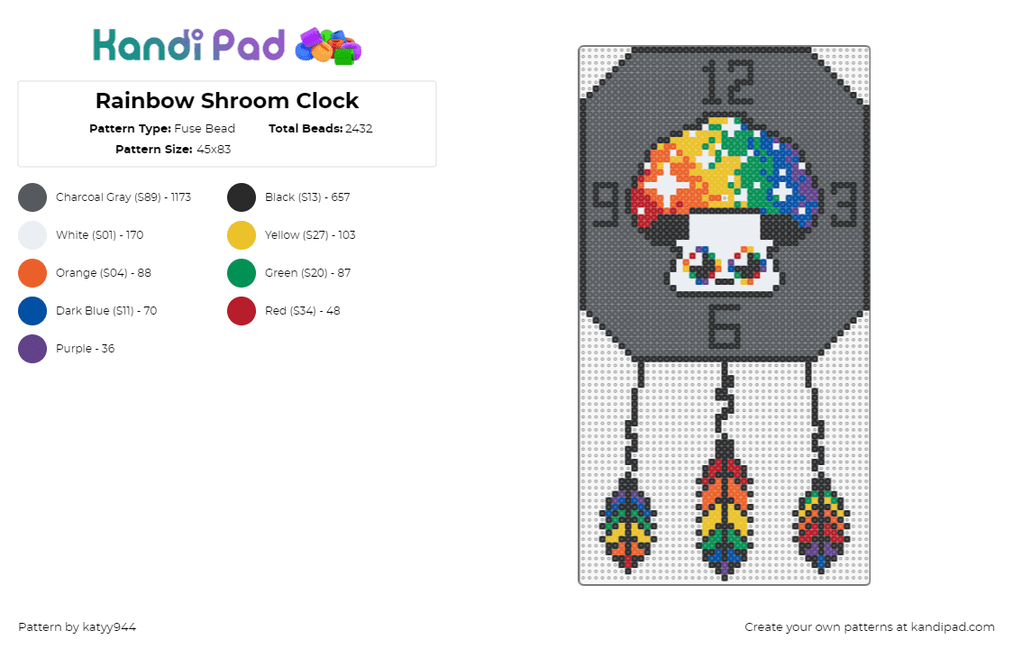 Rainbow Shroom Clock - Fuse Bead Pattern by katyy944 on Kandi Pad - clock,mushroom,time,sparkles,feathers,rainbow,gray