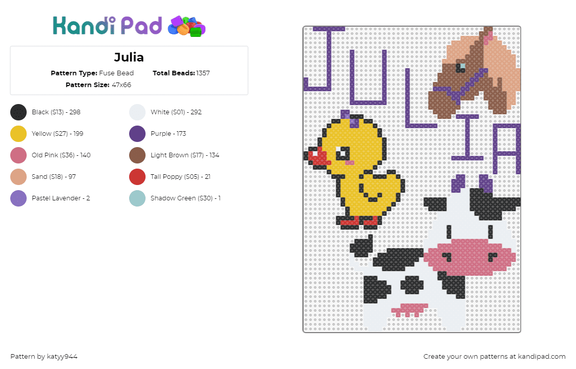 Julia - Fuse Bead Pattern by katyy944 on Kandi Pad - cow,horse,chick,julia,name,text,animal,farm,yellow,white,black