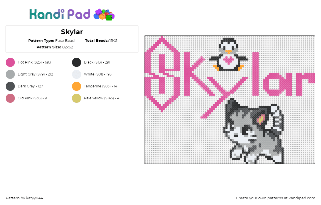 Skylar - Fuse Bead Pattern by katyy944 on Kandi Pad - name sign,text,cat,penguin,pink,gray