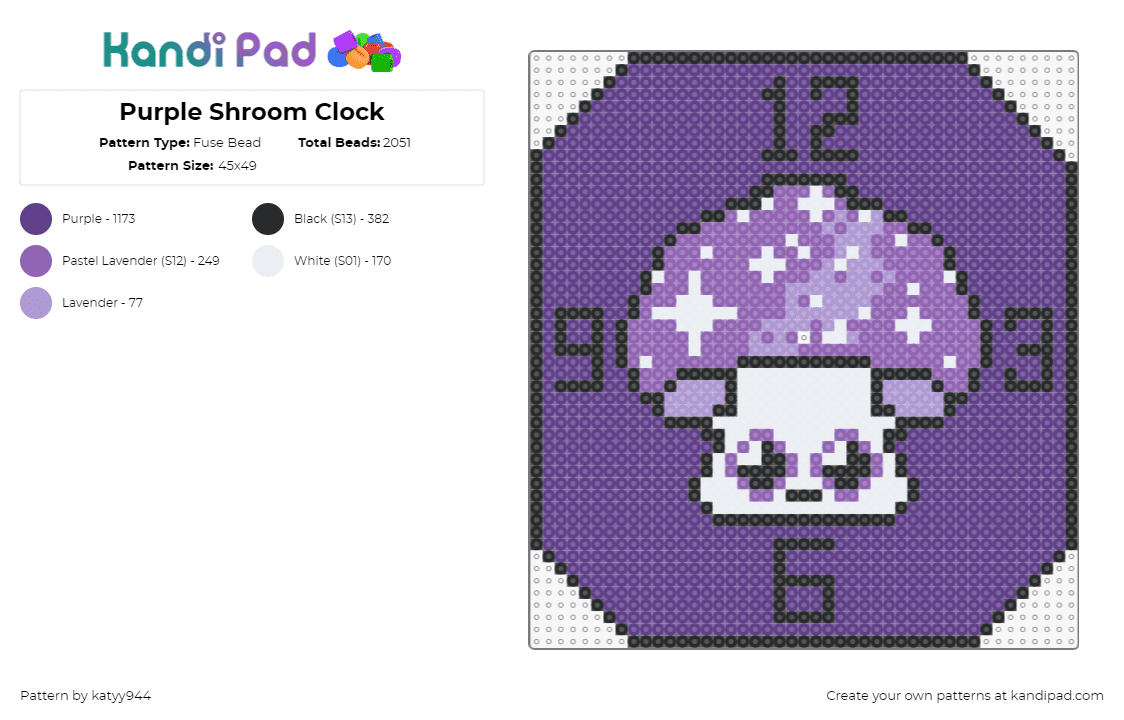 Purple Shroom Clock - Fuse Bead Pattern by katyy944 on Kandi Pad - clock,mushroom,time,sparkles,face,purple