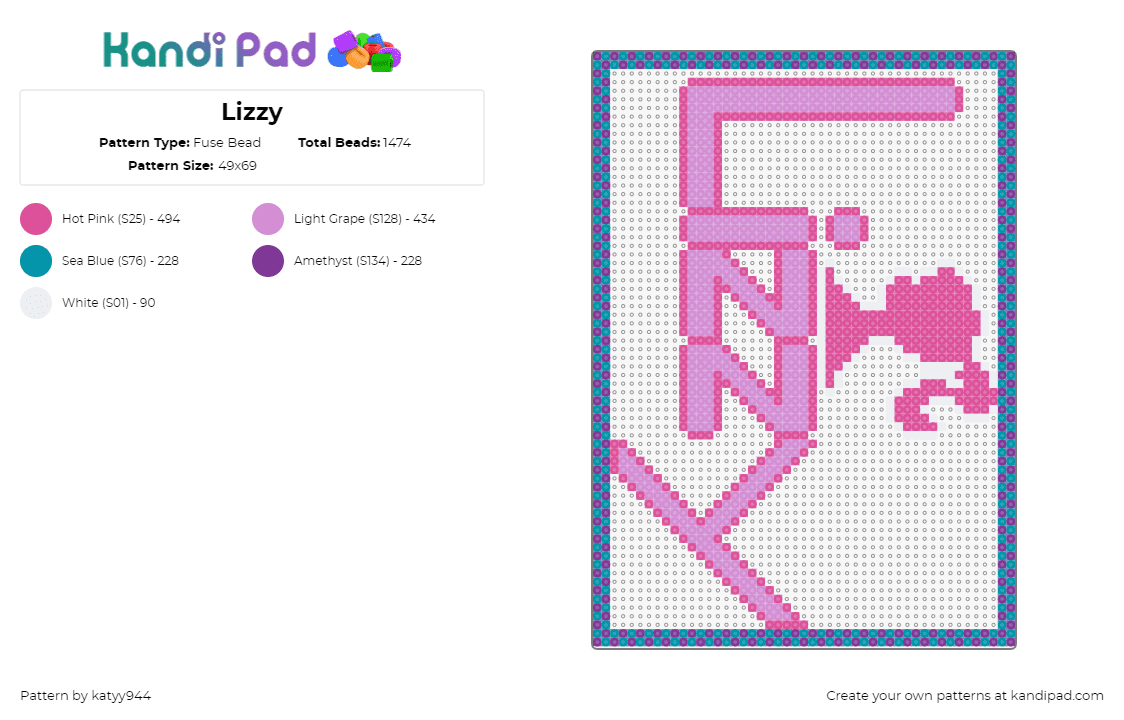 Lizzy - Fuse Bead Pattern by katyy944 on Kandi Pad - lizzie,sign,name,text,barbie,border,pink