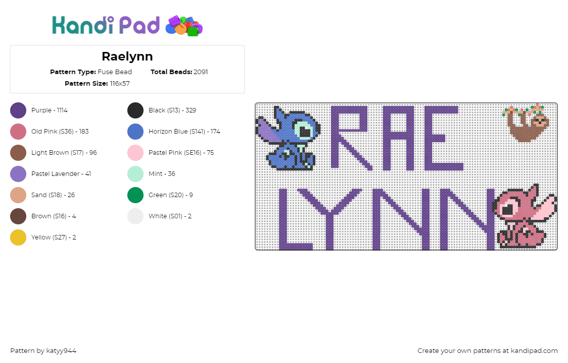 Raelynn - Fuse Bead Pattern by katyy944 on Kandi Pad - name,text,sign,stitch,angel,sloth,purple,blue,pink