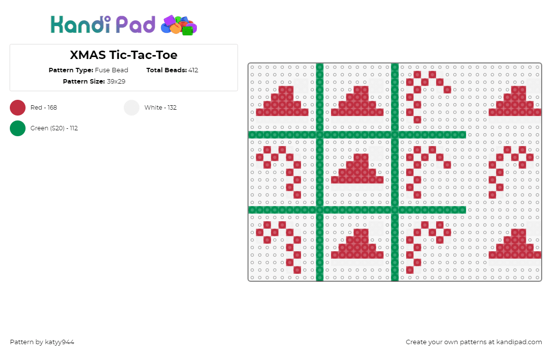 XMAS Tic-Tac-Toe - Fuse Bead Pattern by katyy944 on Kandi Pad - tic tac toe,christmas,game,candy cane,santa,hat,holiday,festive,red,green