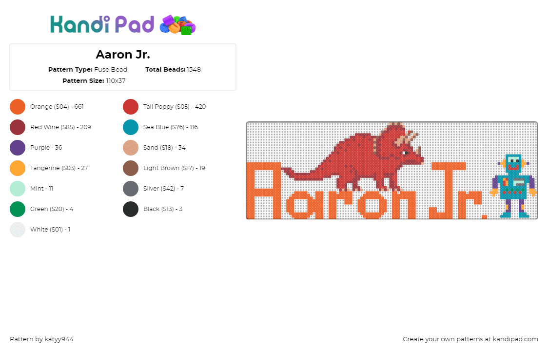 Aaron Jr. - Fuse Bead Pattern by katyy944 on Kandi Pad - name,sign,text,dinosaur,triceratops,robot,orange,red,teal