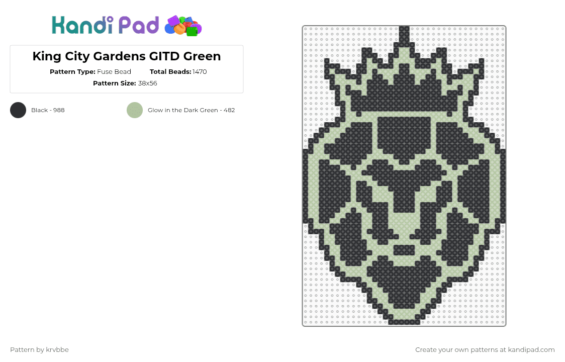 King City Gardens GITD Green - Fuse Bead Pattern by krvbbe on Kandi Pad - black,beige,kcg,king,city,gardens,cannabis,weed,lion,420