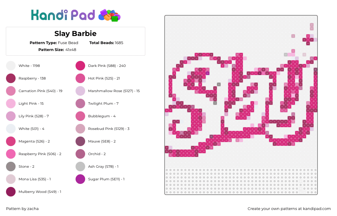 Slay Barbie - Fuse Bead Pattern by zacha on Kandi Pad - slay,text,barbie,graffiti,pink,white