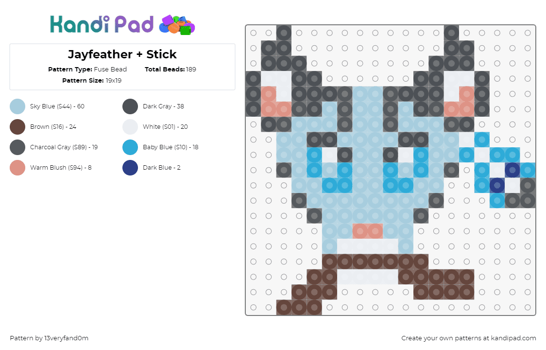 Jayfeather + Stick - Fuse Bead Pattern by 13veryfand0m on Kandi Pad - jayfeather,thunderclan,warrior cats,character,book,novel,light blue,gray