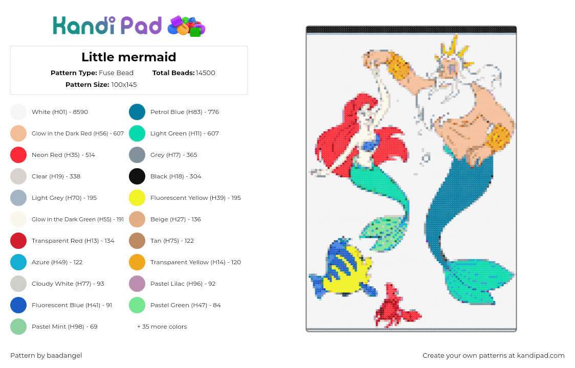 Little mermaid - Fuse Bead Pattern by baadangel on Kandi Pad - ariel,king triton,little mermaid,disney,animation,movie,underwater,classic,teal,red,tan