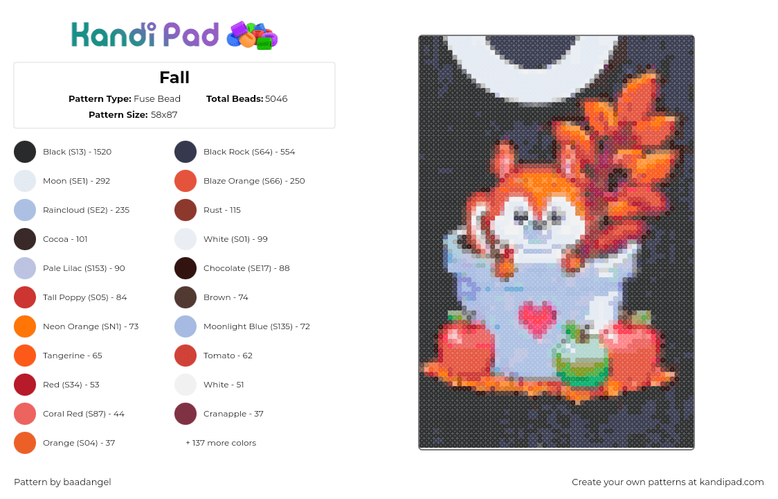 Fall - Fuse Bead Pattern by baadangel on Kandi Pad - fall,autumn,chipmunk,bucket,leaf,apples,orange,gray