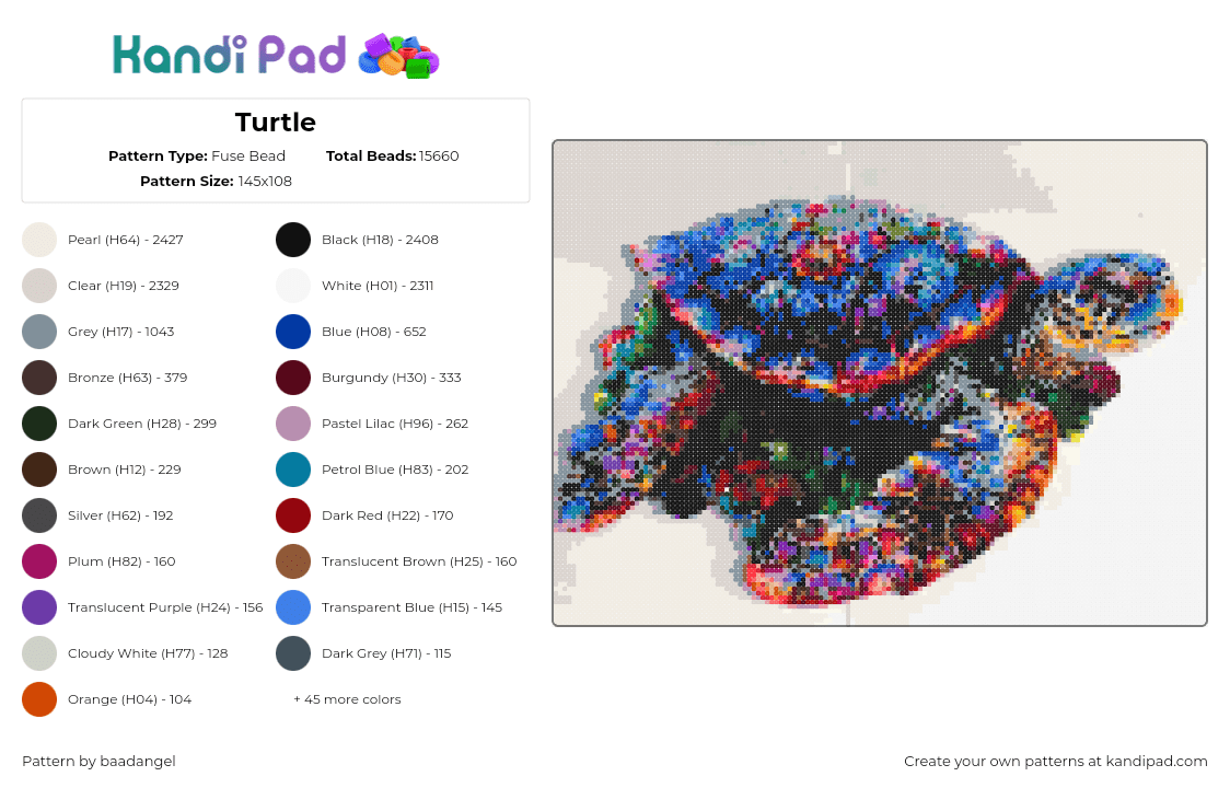 Turtle - Fuse Bead Pattern by baadangel on Kandi Pad - turtle,animal,colorful,blue