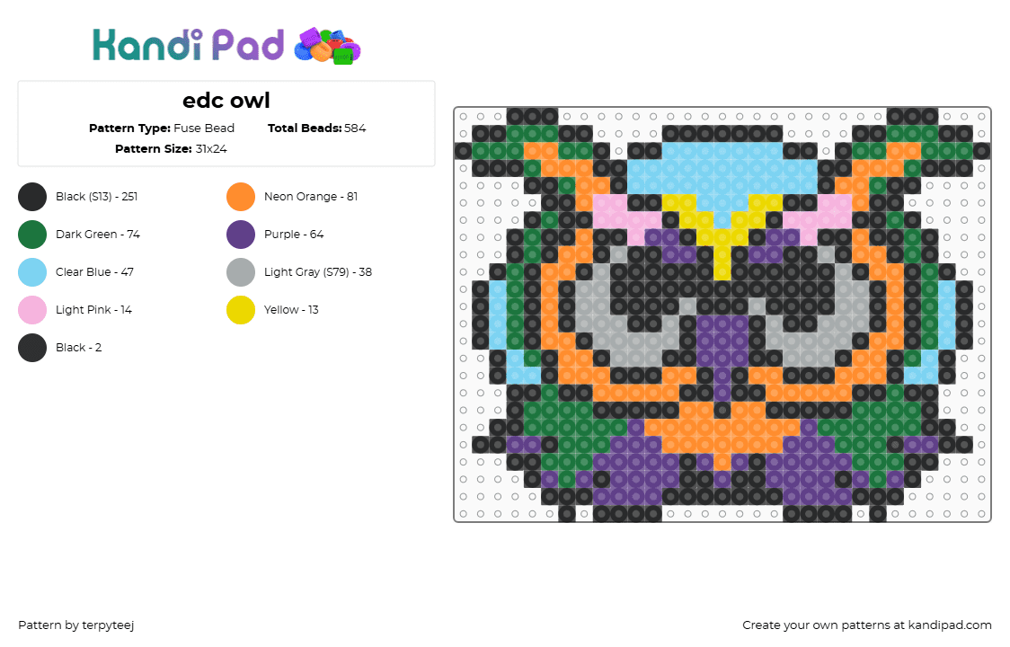 edc owl - Fuse Bead Pattern by terpyteej on Kandi Pad - black,orange,light blue,colorful