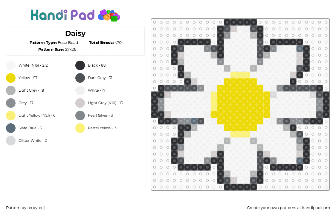 Daisy - Fuse Bead Pattern by terpyteej on Kandi Pad - white,gray,yellow