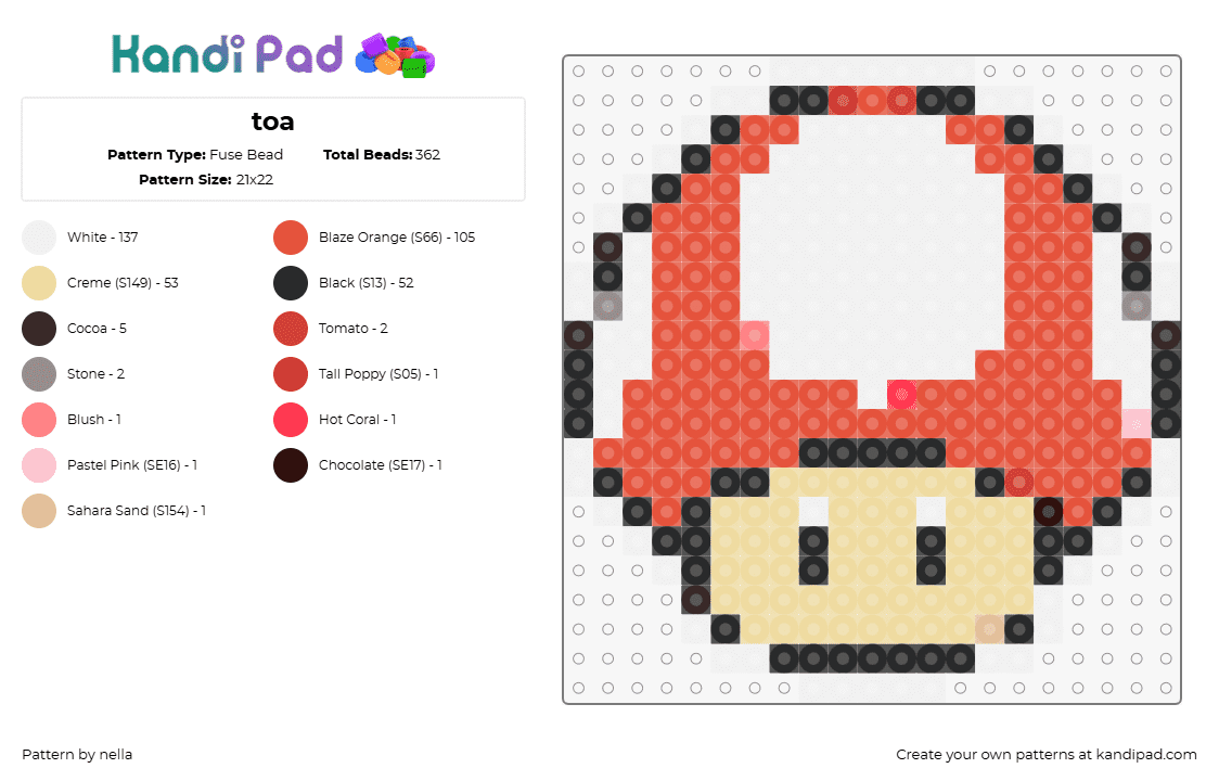 toa - Fuse Bead Pattern by nella on Kandi Pad - toad,mushroom,mario,head,nintendo,video game,red,white,tan