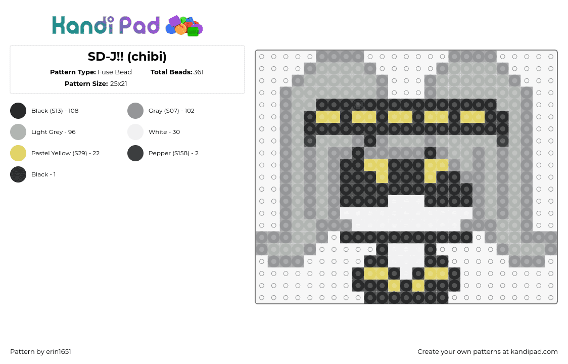 SD-J!! (chibi) - Fuse Bead Pattern by erin1651 on Kandi Pad - serial designation j,murder drones,character,chibi,animation,tv show,gray,black,yellow